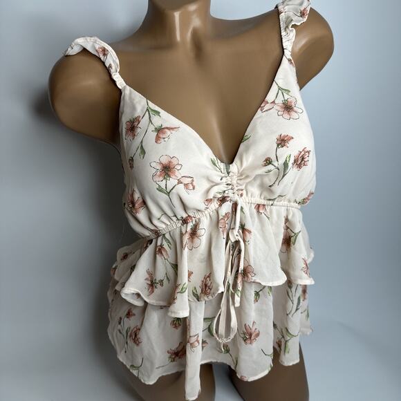 Forever 21 Tops - Forever 21 Womens Medium Peplum Floral Tiered Coquette Tank Top Soft Fairycore